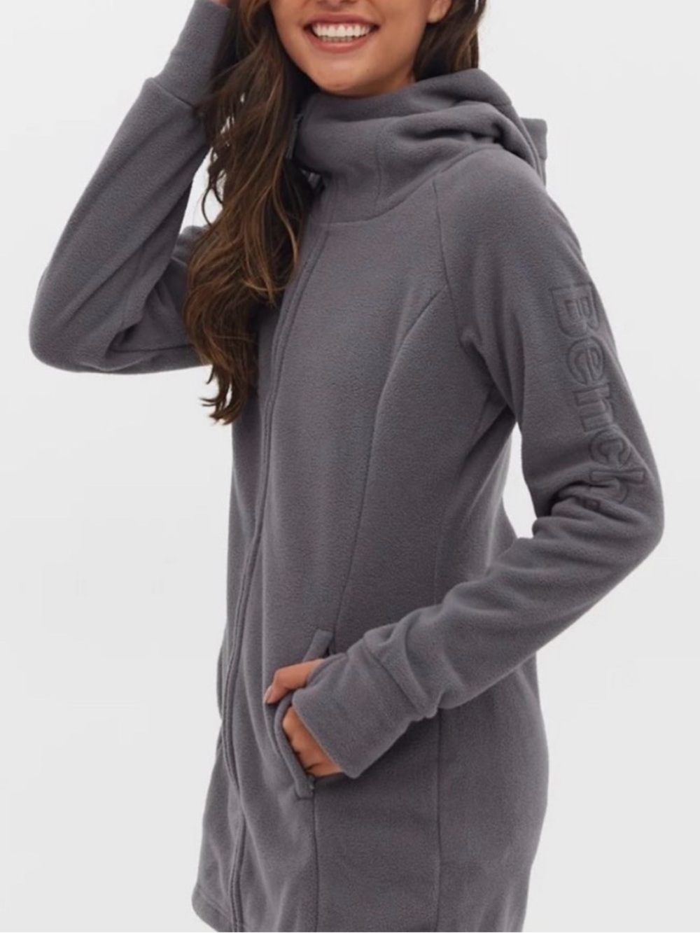 Bench Gray Zip-Up Polar Fleece Hooded long Jacket